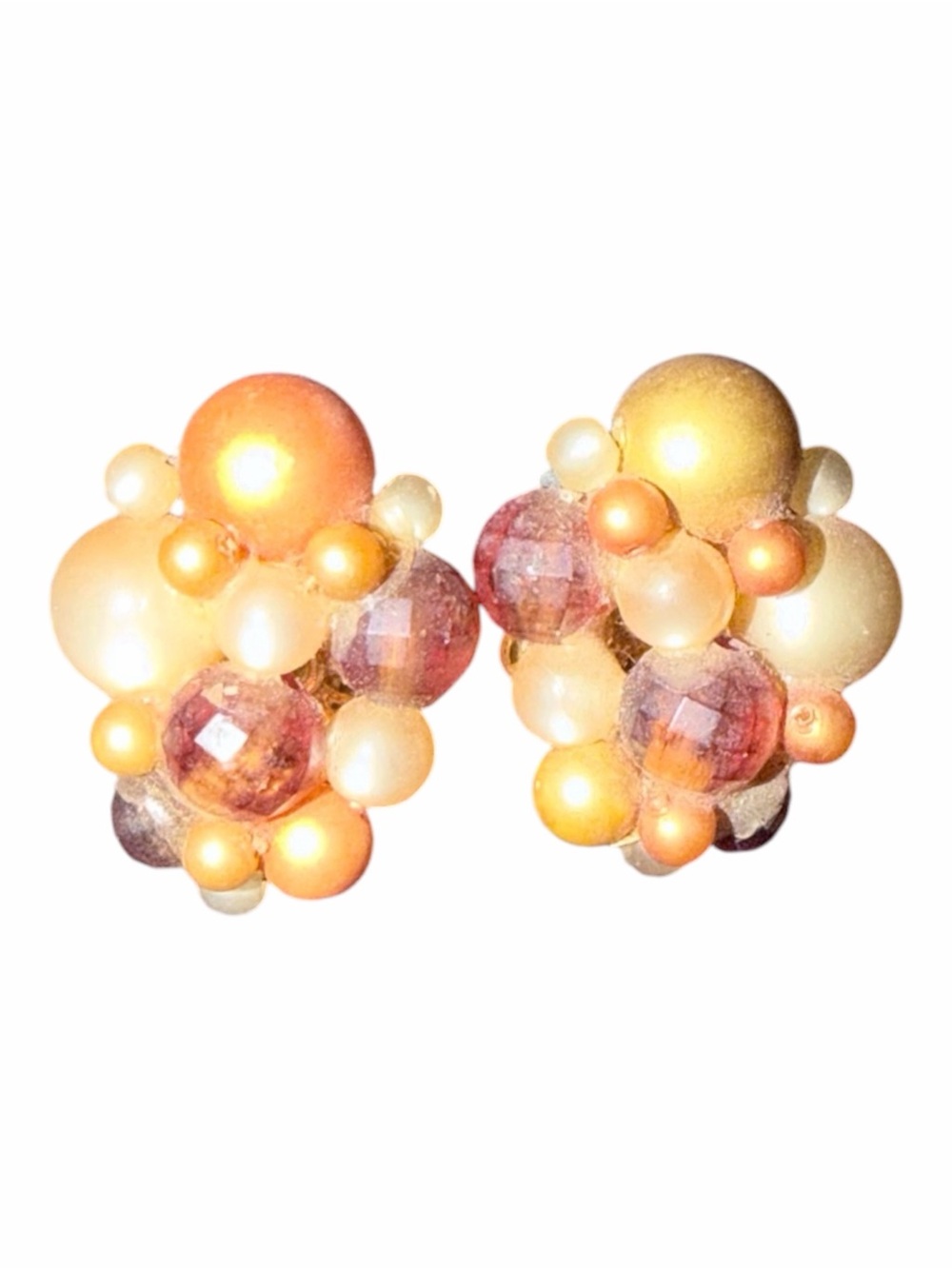 Vintage 1960s Cluster Bead Clip-On Earrings - Peach & Gold